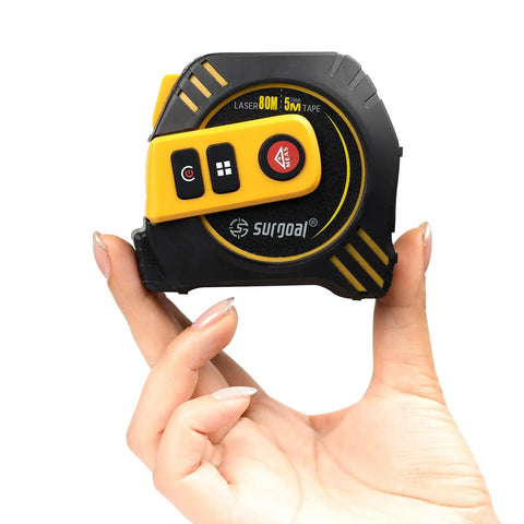 2-In-1 Laser Tape Measure With 262ft Range, Digital LCD Display, held in hand showing magnetic hook and durable ABS build