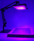 60W UV Screen Printing Exposure Light With Adjustable Stand Pro Grade Kit illuminating a screen for photo emulsion work