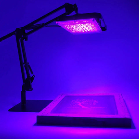 60W UV Screen Printing Exposure Light With Adjustable Stand Pro Grade Kit illuminating a screen for photo emulsion work