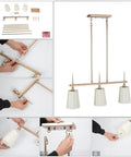 Gold Farmhouse Linear Pendant Light for Dining Room and Kitchen Island, assembly with white linen shades, gold finish, 25-inch length chandelier.