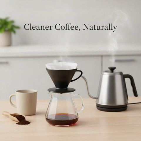 Square Lyocell Pour Over Coffee Filters 50 Pack Disposable Cone Dripper Papers in use with coffee brewer and cup