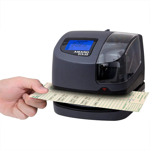 Top Tier Electronic Time Clock For Employee Shift Tracking And Small Business Attendance, Super Reliable Punch Printer For Mail Room Control, Effortless Hour Logging With Auto Date Adjustments And Custom Stamps, Solid Gear For Daily Hustle, gray time clock with hand inserting a time card.