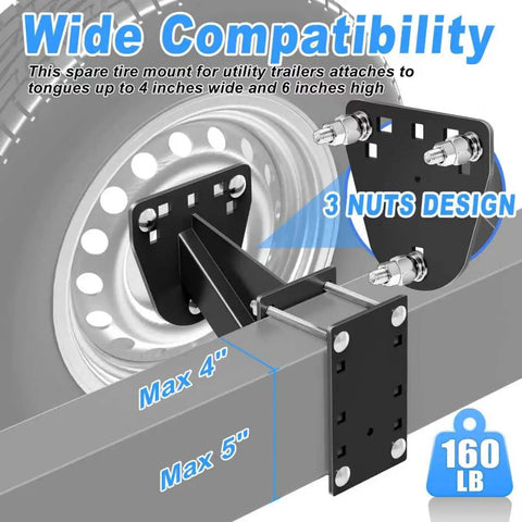 Spare Tire Mount Carrier For Trailers Fits 4 5 And 6 Lug Wheels Bolt Patterns 4 To 5.5 Inches Holds Up To 150 Lbs with 3 Bolt Install