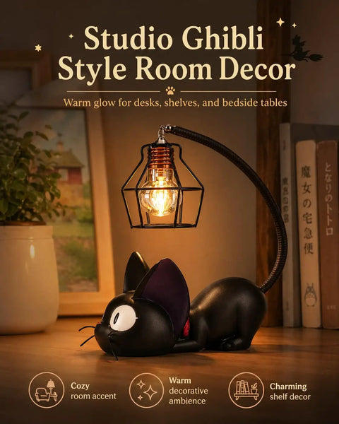 Jiji Black Cat Night Light Inspired by Kiki's Delivery Service on desk with books and plant, cozy resin lamp for bedroom dorm decor.