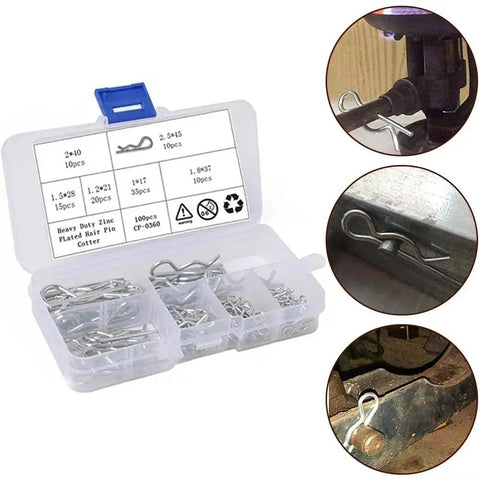 R Type Cotter Pin Kit With 100 Pcs Galvanized Carbon Steel Wave Locking Pins, 6 sizes, in heavy duty storage case with usage close-ups
