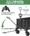 Foldable Utility Wagon With 42 Inch Telescoping Handle And All Terrain Wheels For Groceries Camping Beach Garden And Sports Gear Heavy Duty Collapsible Shopping Cart showing adjustable handle in three positions
