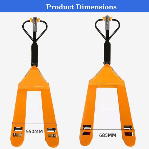 Heavy Duty Electric Pallet Jack Truck With 4409 Lbs Capacity And Powerful Drive Motor For Indoor Storage Warehouse Material Handling Jobs, showing dimensions 550MM and 685MM.