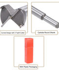 Workhorse Forstner Drill Bits Set Packing Two 24 And 25 Millimeter Cutters Featuring Razor Sharp Tungsten Carbide Heads That Chip Away Effortlessly At Plywood And Door Frame Carpentry, showing carbide round shank and plastic packaging.