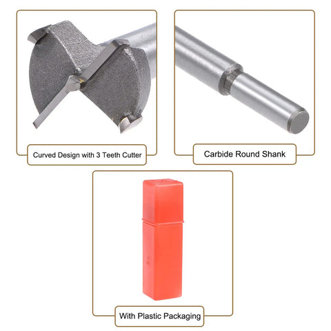 Workhorse Forstner Drill Bits Set Packing Two 24 And 25 Millimeter Cutters Featuring Razor Sharp Tungsten Carbide Heads That Chip Away Effortlessly At Plywood And Door Frame Carpentry, showing carbide round shank and plastic packaging.