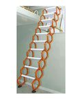 Top Notch Automatic Electric Attic Extension Ladder Built With Titanium Magnesium Alloy, orange, vibrant, mounted in a home setting.