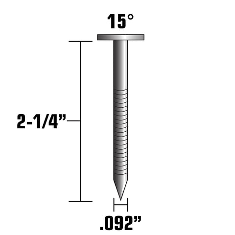 Diagram of 2-1/4 Inch Siding Nails With Ring Shank Full Round Head Wire Coil.092 Inch Electro Galvanized with dimensions