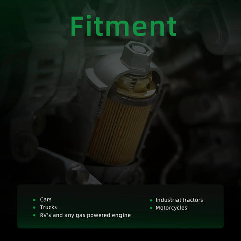 Universal Inline Fuel Filter with fitment details for cars, trucks, tractors, motorcycles, RVs, gas-powered engines