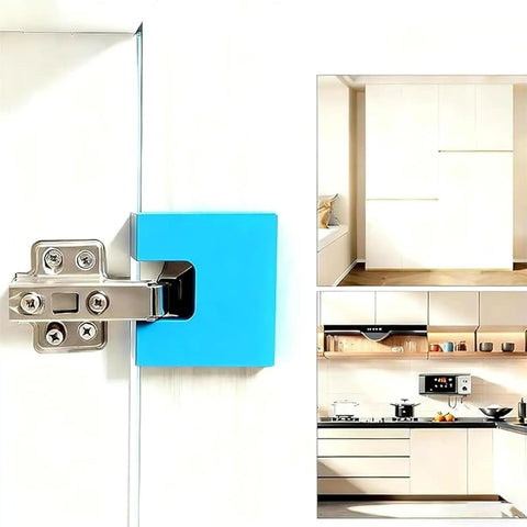 Hinge Jig Kit For Quick Door Install And Precise Hinge Cutting Magnetic Back Guide attached to door with kitchen insets