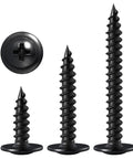 Boss Grade Black Truss Head Wood Screws 300 Pack Size 8 X 3 4 Inch Carbon Steel Self Tapping Fasteners shown in three sizes.