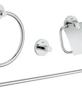 Essentials Master Bathroom Accessories Set 4-In-1 in Starlight Chrome featuring towel ring, hook, toilet paper holder, and towel bar
