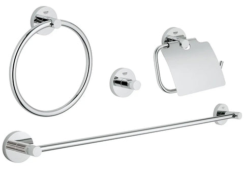 Essentials Master Bathroom Accessories Set 4-In-1 in Starlight Chrome featuring towel ring, hook, toilet paper holder, and towel bar