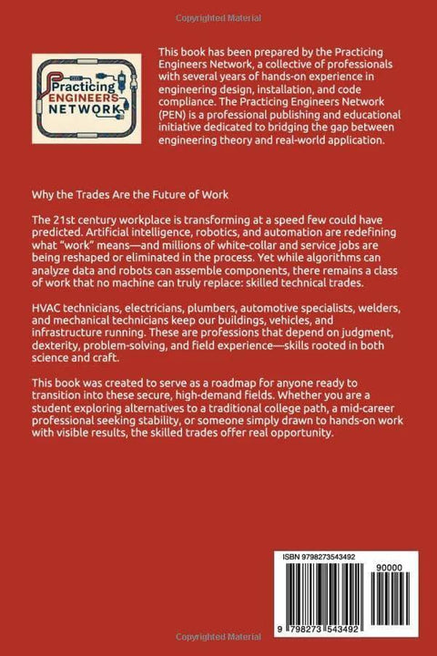 Book back cover on red background featuring Practicing Engineers Network logo, white text blocks, barcode.