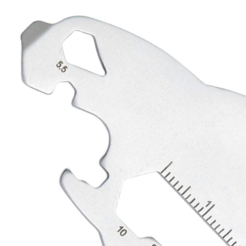 Close-up of Must-Have Compact Keychain Tool Set For Everyday Carry, 5-in-1 stainless steel multi-tool showing wrench and ruler features.