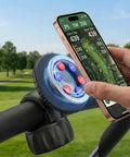 Rock Solid Magnetic Golf Push Cart Phone Holder With Heavy Duty Nailed Down N52 Mount And Sweet 360 Rotate Gps Clamp For Rough Cart Paths And Every Magsafe Phone on a golf cart, showcasing an iPhone mounted securely while tracking golf stats.