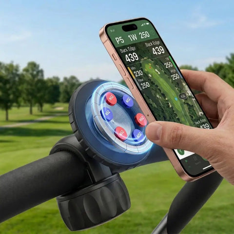 Rock Solid Magnetic Golf Push Cart Phone Holder With Heavy Duty Nailed Down N52 Mount And Sweet 360 Rotate Gps Clamp For Rough Cart Paths And Every Magsafe Phone on a golf cart, showcasing an iPhone mounted securely while tracking golf stats.