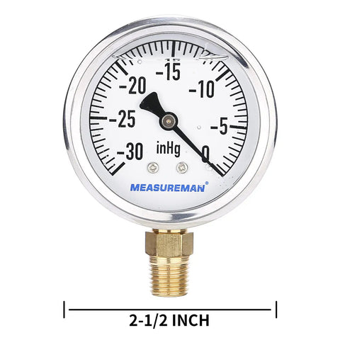 Glycerin Filled Two Point Five Inch Dial Pressure Gauge With Stainless Steel Case And Brass Wetted Parts Lower Mount Quarter Inch NPT