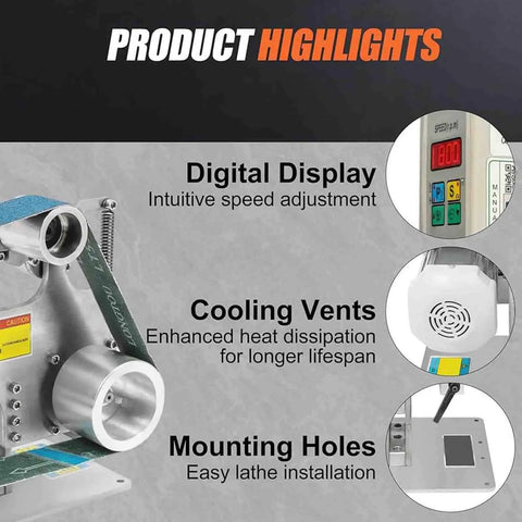 Digital display and cooling vents on Badass 750W Brushless Belt Sander With Quick Toggle Speed Dial And Crisp Digital Gauge.
