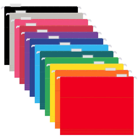 Bigtime Value 12 Pack Hanging File Folders Letter Size in assorted colors with adjustable tabs for home office sorting.