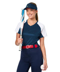 Person wearing navy winch launch sailplane glider sun visor for adults one size, holding a bat, white and navy shirt, sportswear.