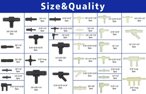 Automotive vacuum connector kit showing various sizes and types of vacuum tubing connectors.