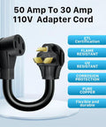 No Sweat Heavy Duty Nema 10 30P Male To 14 50R Female Ev Charger Adapter Cord Plug And Play For Level 2 Electric Vehicle Charging Etl Listed 240V Power Connector with 50 Amp To 30 Amp 110V Adapter Cord.