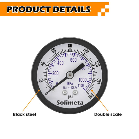 2 Inch Dial Air Pressure Gauge For Air Compressors And Filters Center Back Mount Quarter Inch NPT 0 To 160 PSI Brass Internals