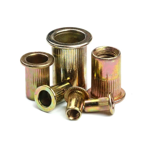 Top Notch 10 Pcs Flat Head Threaded Insert Nuts Made From Zinc Plated Carbon Steel With Knurled Body For Heavy Duty Fastening That Grips Tight And Won't Spin During Installation For Ultimate Strength - assorted sizes