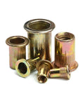 Grab 10 Pack Flat Head Threaded Insert Nuts Made From Zinc Plated Carbon Steel showing various sizes and shapes for one side bolt anchoring.
