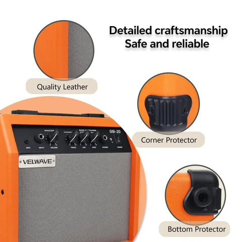 20W Portable Bass Amp For Practice With 6.5 Inch Speaker Orange Finish showing corner and bottom protection details