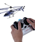 Hands controlling S107G 3 Channel RC Helicopter Gyro Brushed Motor LiPo Battery Powered Easy To Fly For Beginners Blue Color