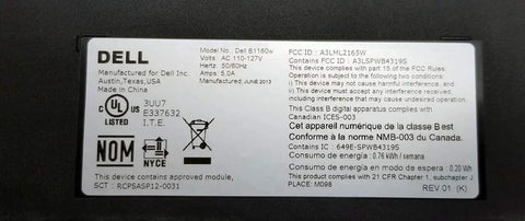 Label on Dell B1160w wireless monochrome printer showing model, safety information, and specifications.