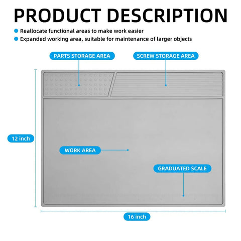 Gray Soldering Mat Heat Resistant 932 Fahrenheit With Scale Ruler And Screw Position Markers, Silicone Repair Pad, 16 by 12 inches