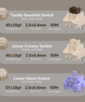Tactile snowball, creamy, and silent switches for Pro Level Compact 65 Wireless Mechanical Keyboard features.