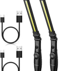 Two 800 Lumen Foldable LED Work Lights With Magnetic Base And Hook, Dual COB Front Light 800 Lumen Plus Top 150 Lumen LED, 360 Degree Swivel, USB Rechargeable, and USB cables.