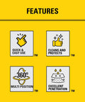Features of All In One Rust Defense Spray T240 Corrosion Inhibitor And Rust Remover shown with icons for use, cleaning, penetration, and positioning.