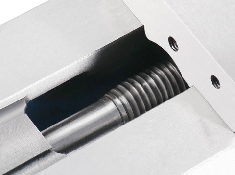 Close-up of Precision 3 Inch Super Lock CNC Machine Vise showcasing the thrust bearing and grip mechanism for tight metal clamping.
