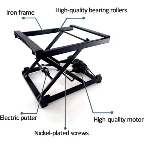 Heavy Duty Electric Scissor Lift Table With Wireless Remote And Foldable Platform For Versatile Dining Work Or Computer Tasks Holds Up To 110 Lbs Of Weight Made From Durable Rust Proof Steel For Smooth Height Adjustments Anywhere, showcasing iron frame, electric putter, and high-quality motor.