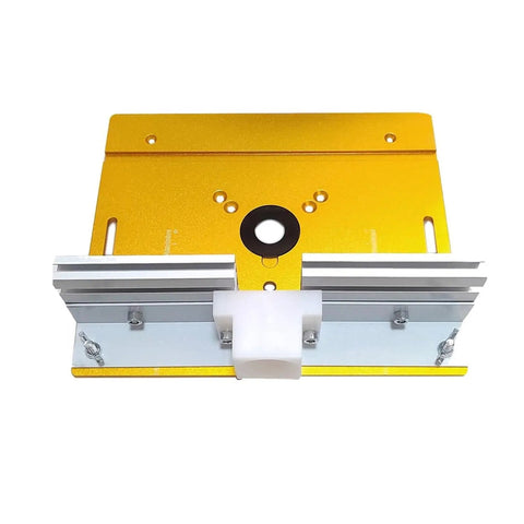 Universal Aluminum Router Table Insert Flip Plate with pre drilled base, miter gauge fence, anodized finish for routing tasks.