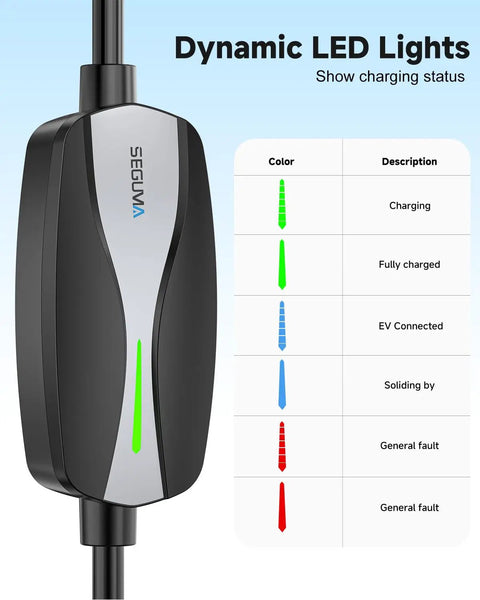 Dual Level 1 And Level 2 EV Charger For Tesla With NACS Connector showing dynamic LED lights for charging status.