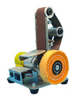 Compact Mini Electric Belt Sander For Desktop Use, vertical design with sanding belt and polishing wheel.