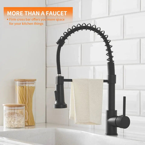 Pro Grade Pull Down Kitchen Faucet With Sprayer, commercial spring, high arc, black finish, single handle, 360 swivel in kitchen