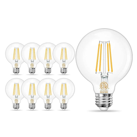 G25 LED Globe Bulbs 8 Pack 3000K Soft White With Filament Vintage Edison Look, E26 Base, 60W Equivalent, Clear Glass