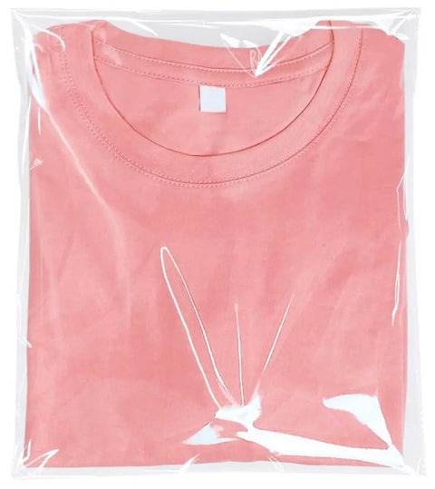Pink t-shirt in 100 Pack Clear 9x12 Inch Self Adhesive Plastic Bags For Packaging Clothes And T Shirts Peel And Seal Pro Grade Cellophane Bags With Strong Seal For Retail Display And Gift Wrapping.