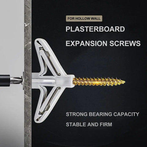 Close-up of 400 Piece Drywall Anchor Kit with self drilling and butterfly shaped nylon wall plugs in plasterboard