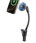Heavy Duty 15W Fast Wireless Car Mount Charger That Plugs Straight Into Standard Cigarette Lighter Socket with flexible arm and magnetic grip.
